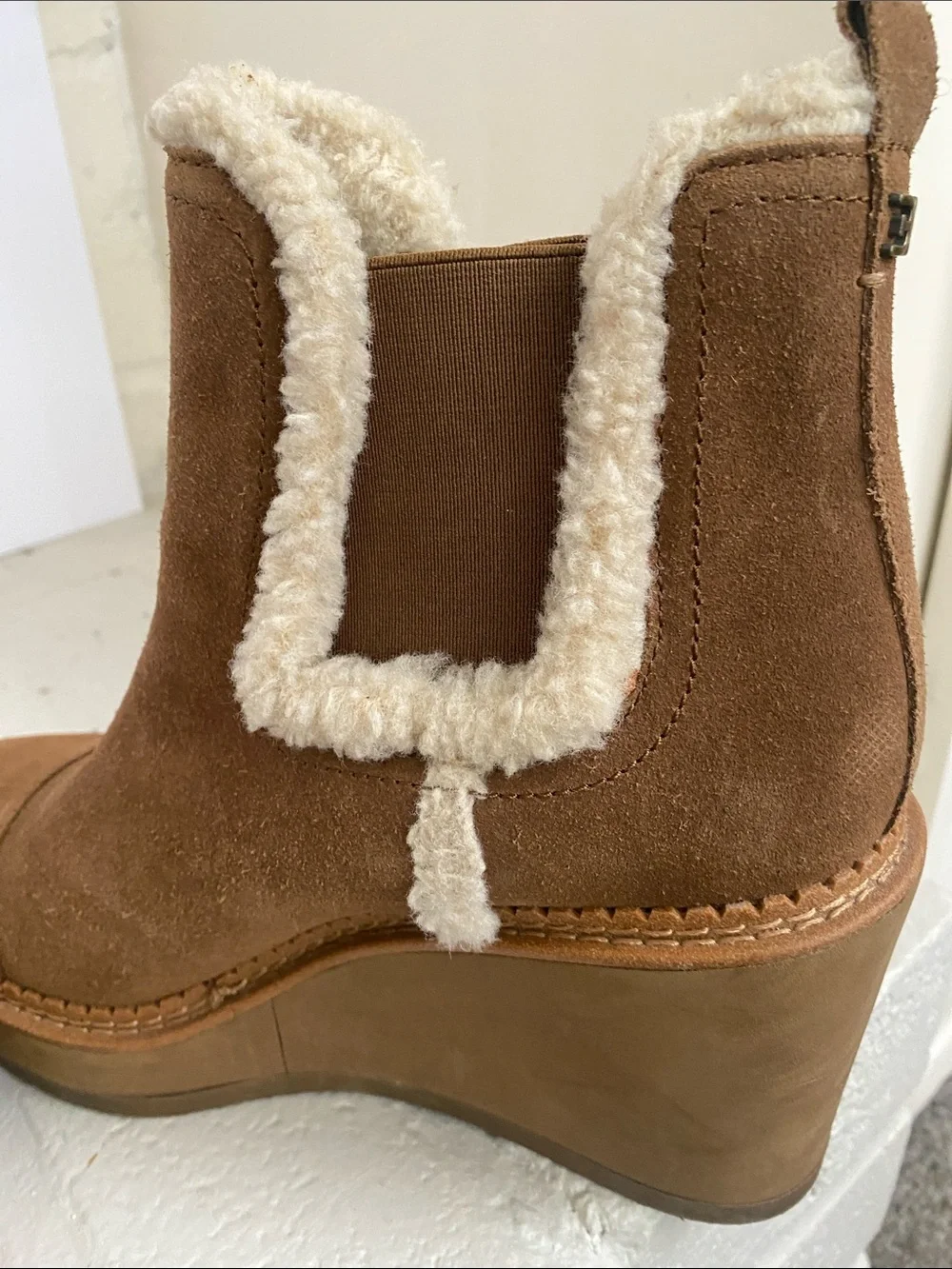 Women's Brown Suede Wedge Booties with Cream Shearling Trim Sam Edelman